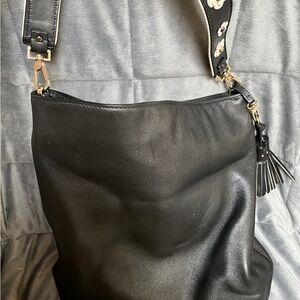 Kate Spade Black Leather Shoulder Bag with Floral Strap